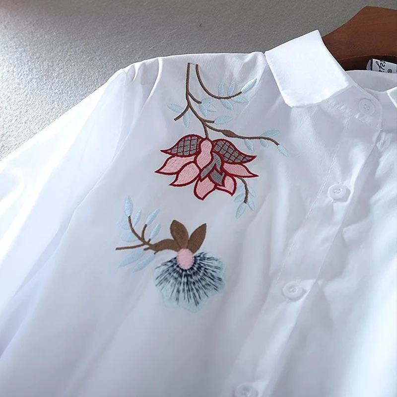 Summer New Solid Color Floral Embroidered Shirt Women POLO Collar Lantern Sleeve Single Breasted Cardigan Thin Style Loose Tops