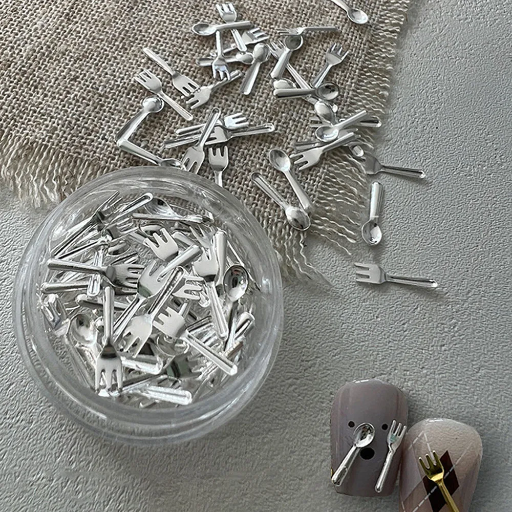 1 Bottle Mix Mini Metal Small Fork Spoon Nail Charms Gold Silver Nail Accessories Tableware Series Fork Nail Accessories Parts