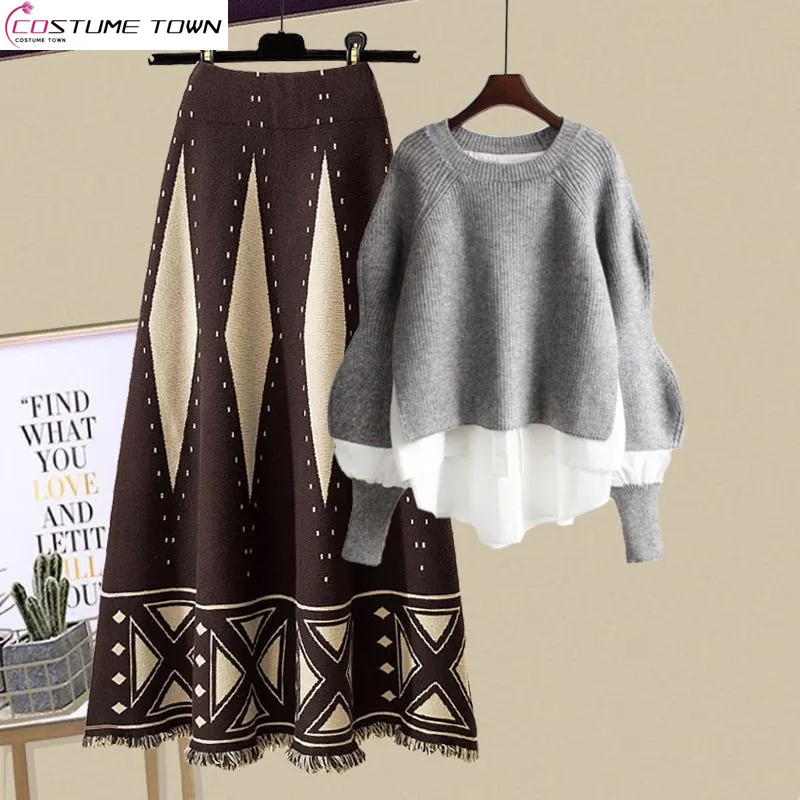 

Autumn and Winter Set 2023 Korean Version New Large Knitted Sweater Covering Flesh and Slim Skirt Two Piece Set