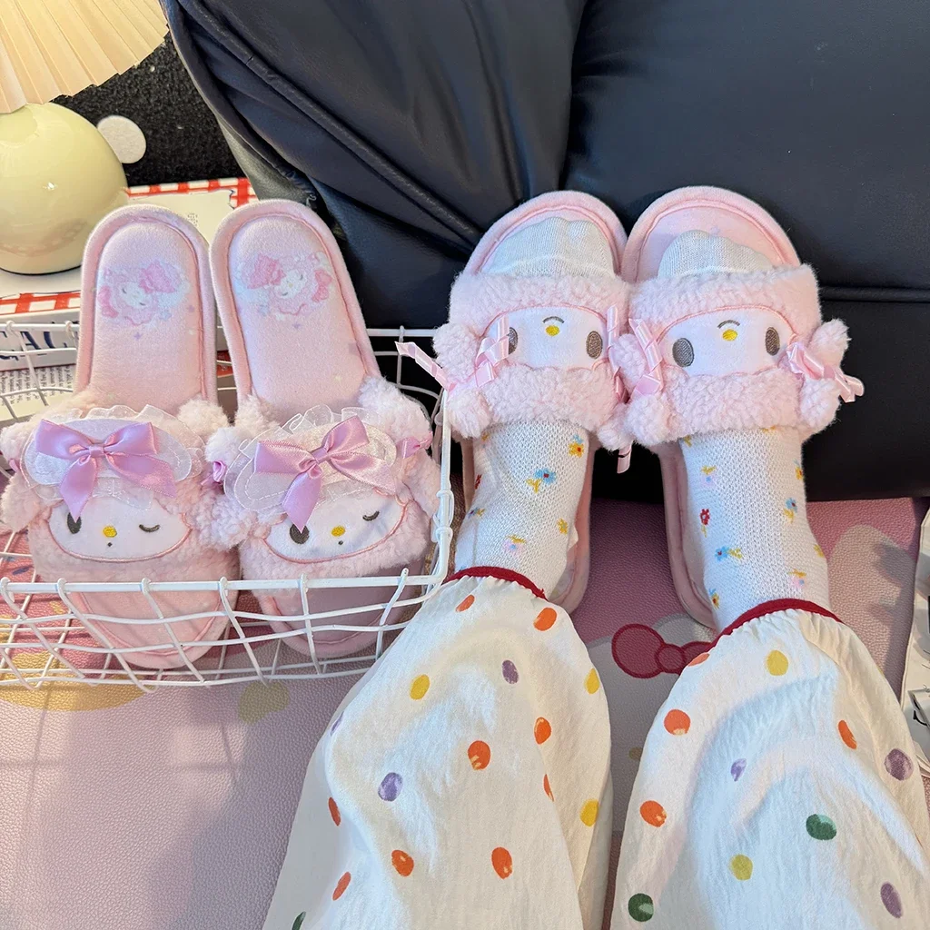 Cartoon My Melody Slippers Women My Sweet Piano Indoor Kawaii Warm Plush Home Slippers Girl Open-Toe Flat Heel Non-slip