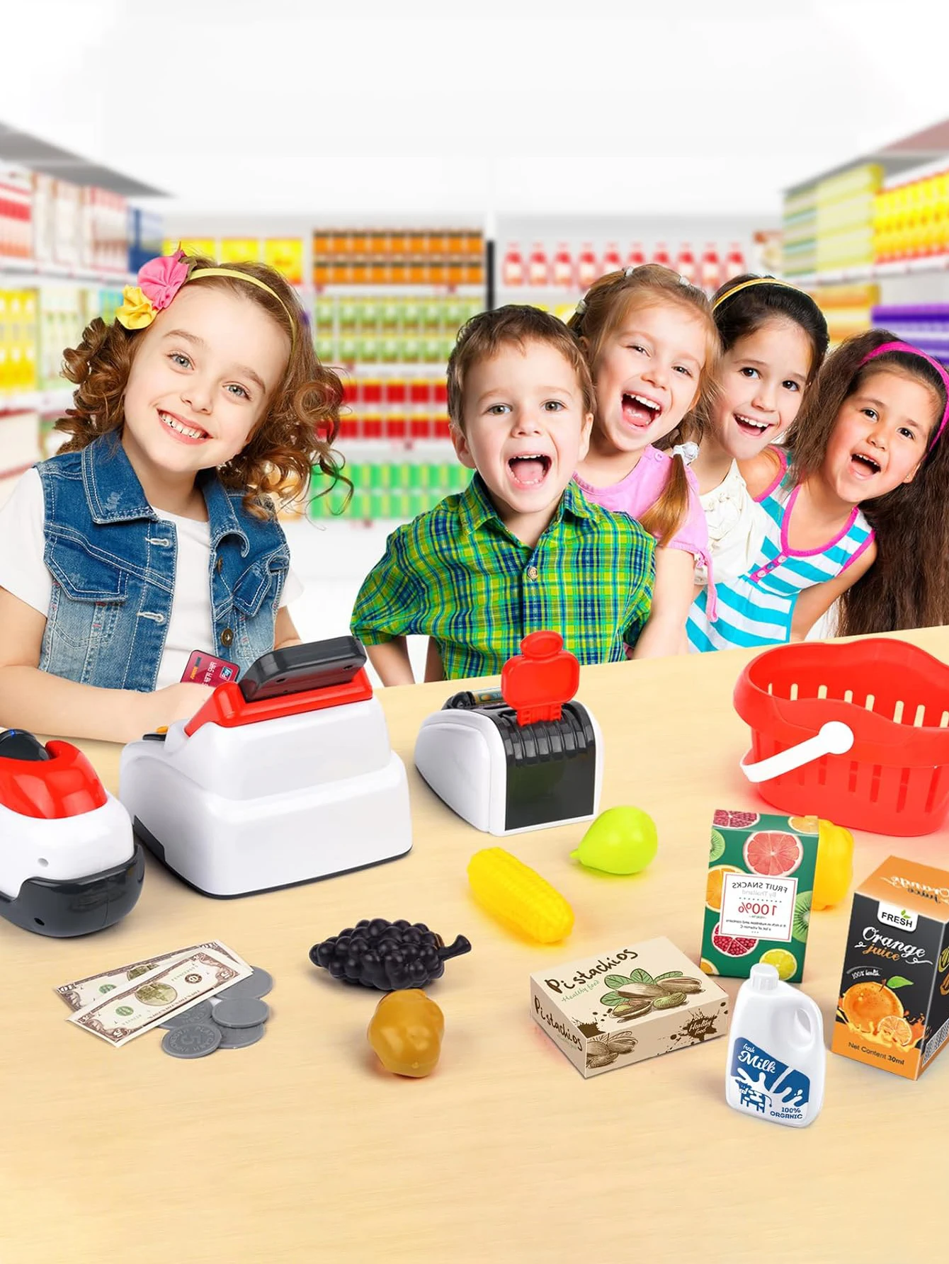 Grocery Store Pretend Play Electronic Toy Kids Cash Register, Grocery Supermarket Playset Play Cash Register