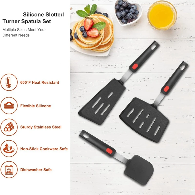 Silicone Spatula, Turner, 600F Heat Resistant, Perfect For Flipping Eggs, Burgers, Pancakes, Crepes And More (3 Pack)