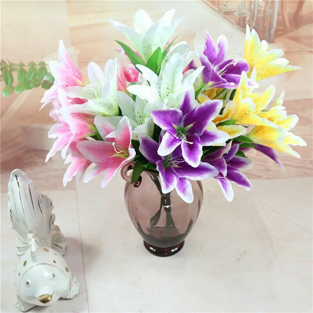 10 Heads Hot High Quality Colorful Fake Lilies Lilies Bouquet Wedding Decor Artificial Flowers