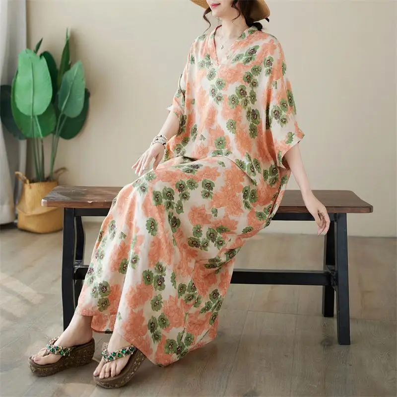 

Dimanaf 2024 Plus Size Dress Women Summer V-Neck Sundress Bohemian Floral Print Loose Big Oversize Maxi Dress 5007