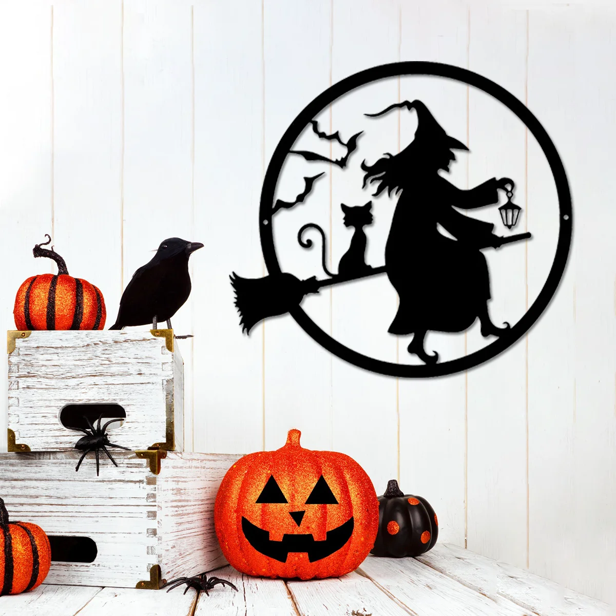 Iron Witch Metal Wall Hanger: Alluring Black Halloween Decoration for Front Porch and Home. Sinister and Joyous Door Ornament