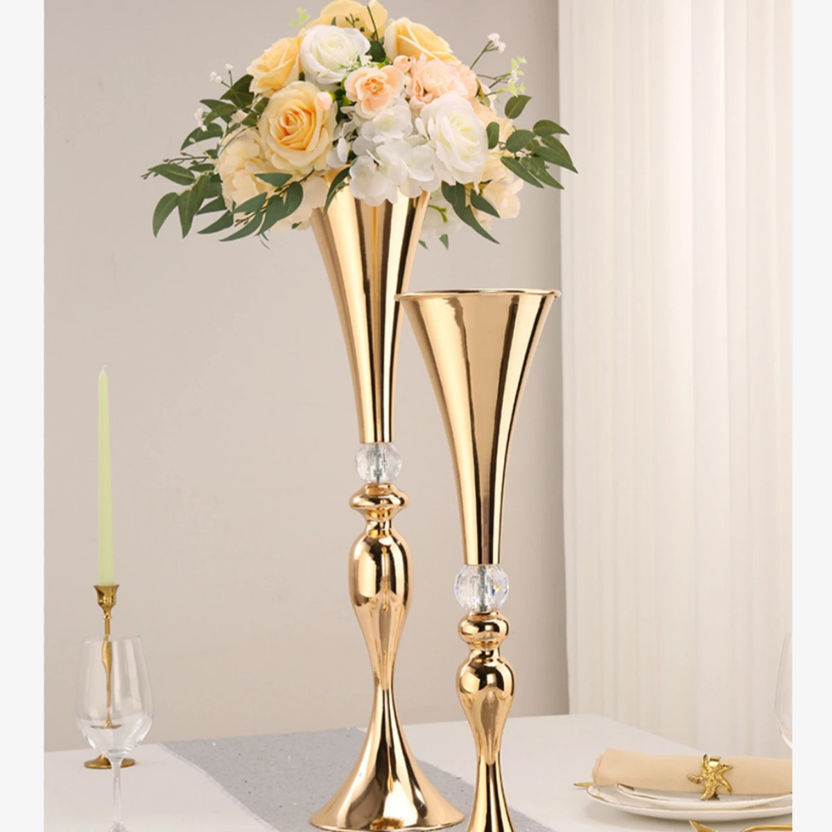 

Decoration table centerpiece decorations gold trumpet metal vases for wedding Candle Holder for Party Table Centerpieces AG002