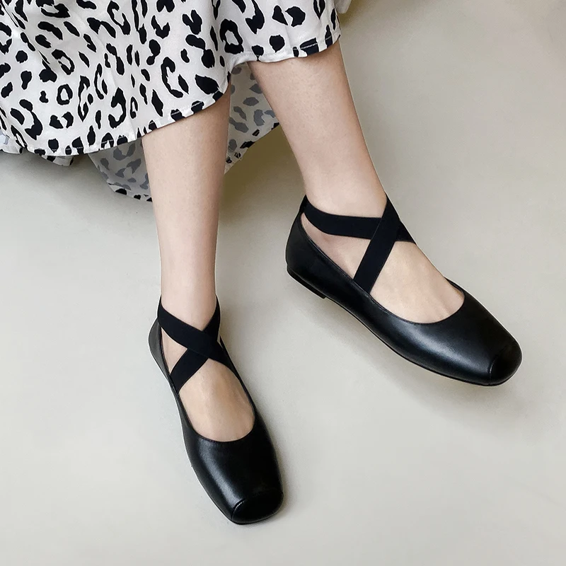 2022 Spring Women Ballet Flats Soft Leather Daily Flat Shoes Comfortable Low Heeled Outwear Woman Casual Shoes With Square Toe