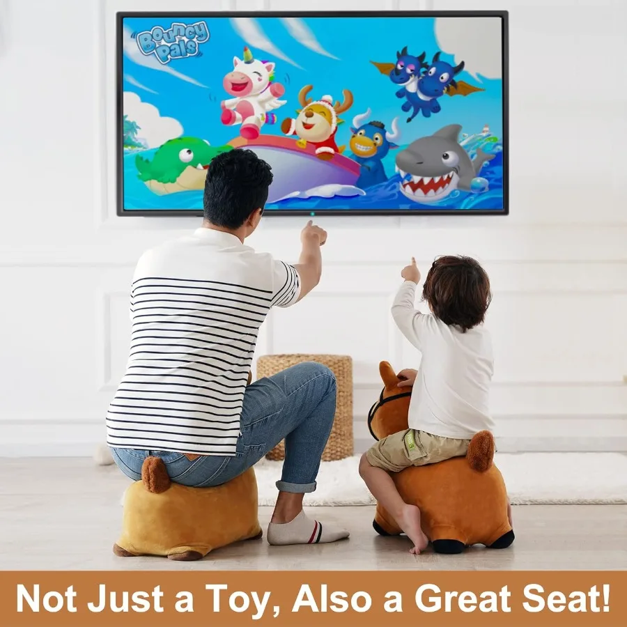 لعبة iPlay iLearn Bouncy Pals Brown Hopping Horse للأطفال الصغار من القطيفة على شكل حيوانات مع نطاط قابل للنفخ ومضخة مدمجة #6