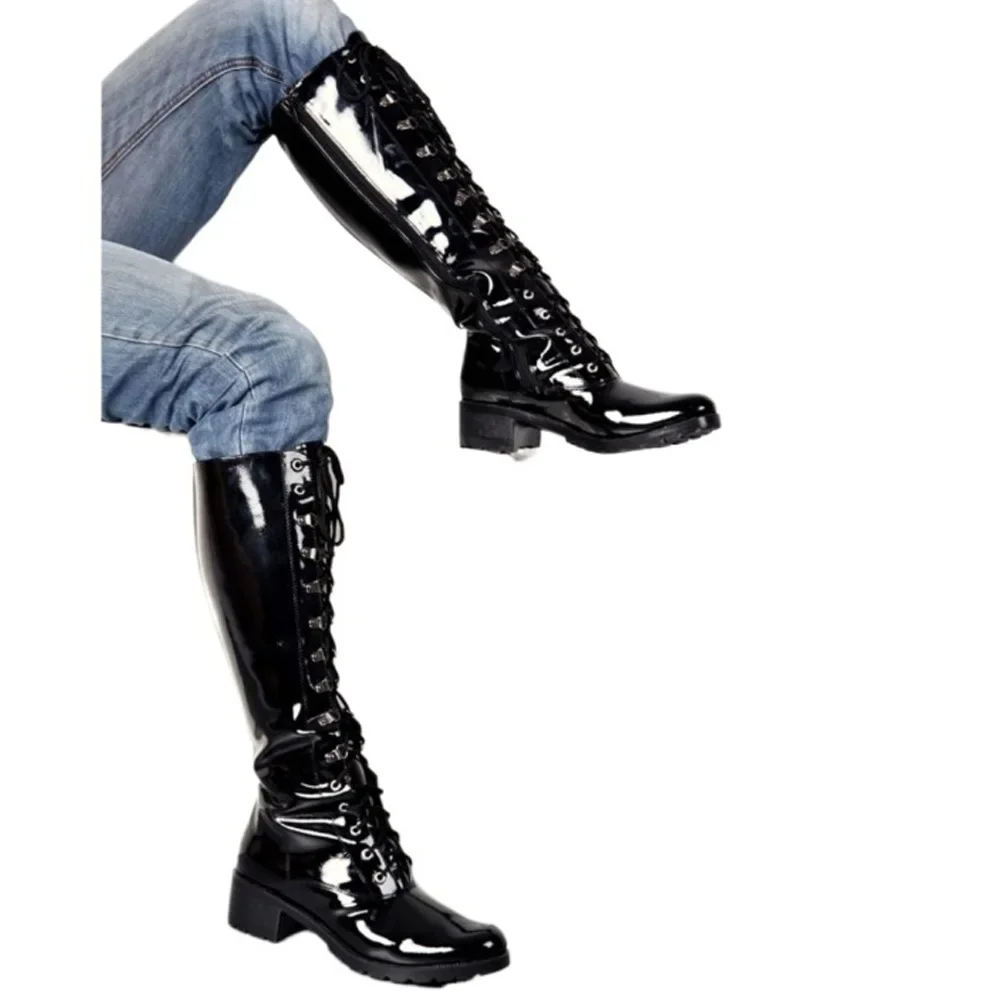 

Men's Black Patent Leather Motorcycle Boots Knee High Winter Steel pipe perform Shoes,Western Riding Long Boots Platform