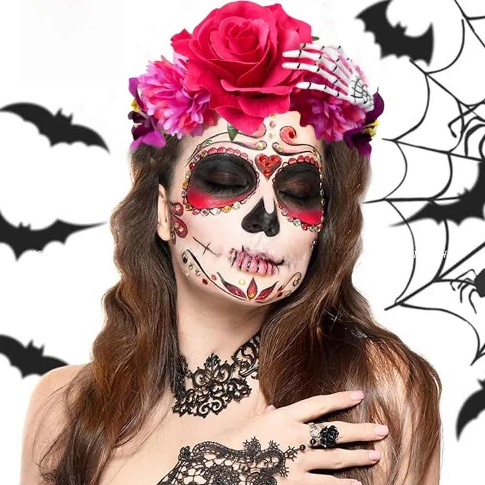 Cool Plastic Halloween Headband Ghost Claw Gothic Rose Flower Crown Multicolor Skull Floral Hair Hoop Girl