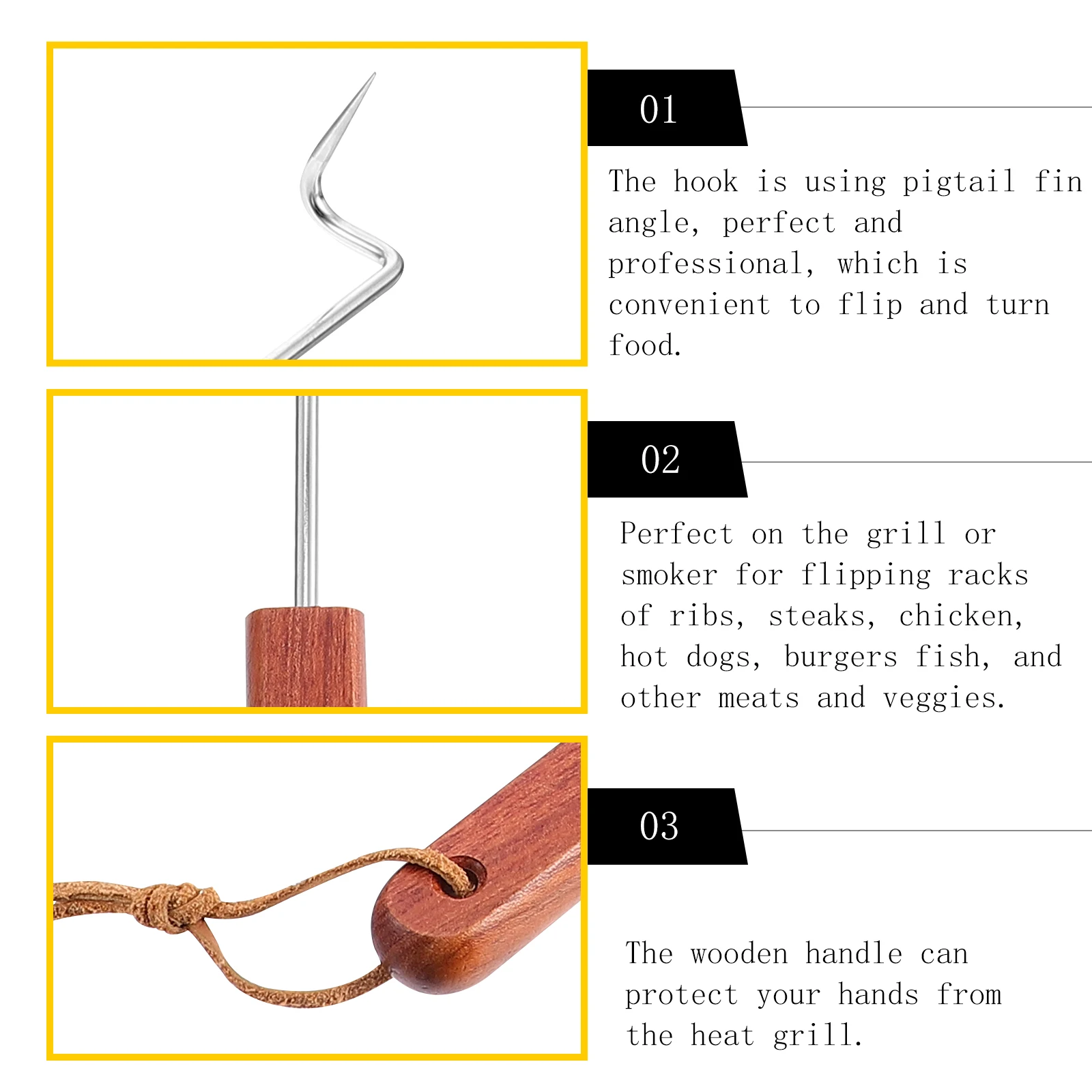 

Meat Fork Lamb Chops Hook Grilling BBQ Turner Tools Wooden Handle Stainless Steel Kitchen Gadget Food Flipper Steak Pork Beef