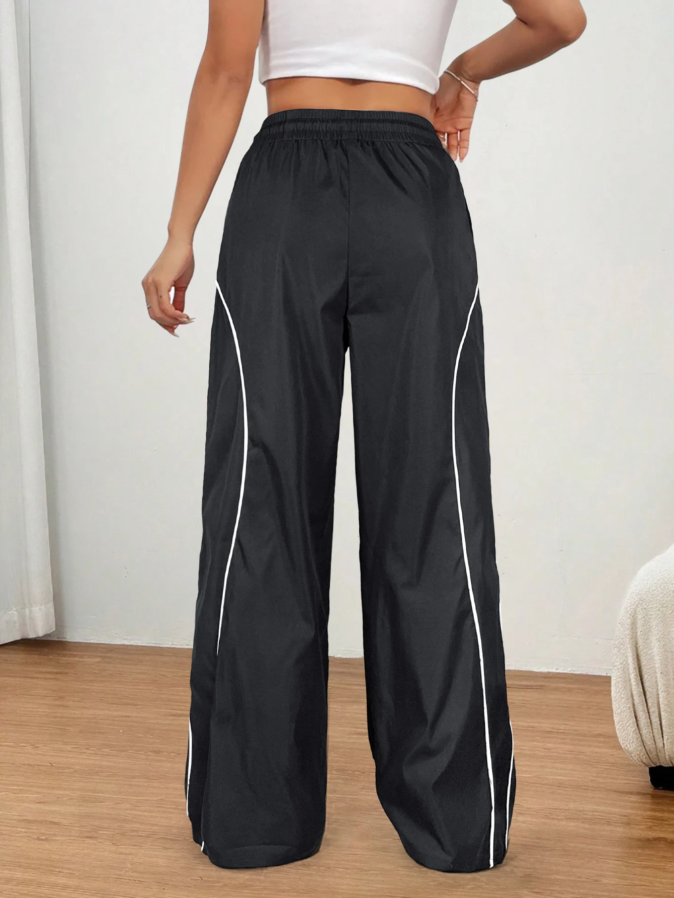 กางเกงคาร์โก้ทรงหลวมขาบานเอวยางยืดลายทางสไตล์ Y2K สำหรับผู้หญิง เอวกลาง มีเชือกผูก