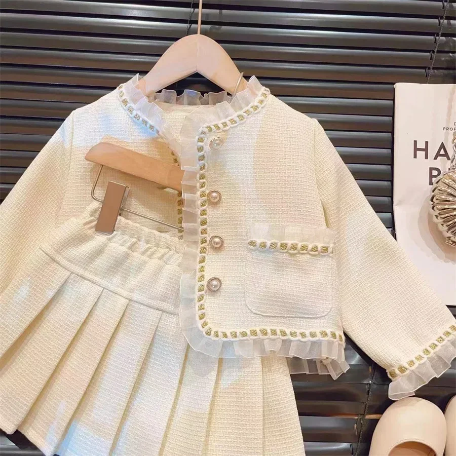 New Childrens Clothing 2024 Spring and Autumn Collection Girls Lace Jacket Short Skirt Fashionable Two-piece Set