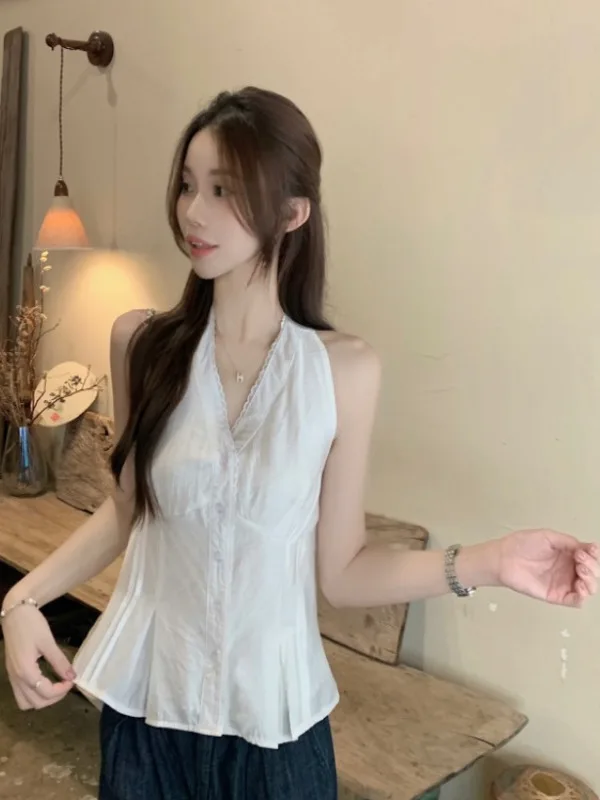 

Корейский летний топ с кружевными вставками и V-образным вырезом, облегающий, модный, для девушек