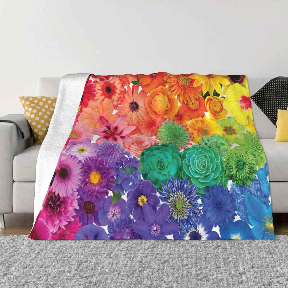 Rainbow Flowers Blanket Fleece Printed Cozy Ultra-Soft Throw Blankets for Bed Car Plush Thin Quilt