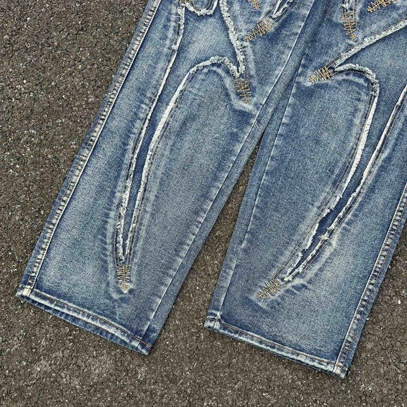 25SS جديد البلطجة نادي الجينز النمط الأمريكي التطريز نمط معدني شعار شارع العليا فضفاض منتصف الخصر الرجال الدنيم السراويل #6