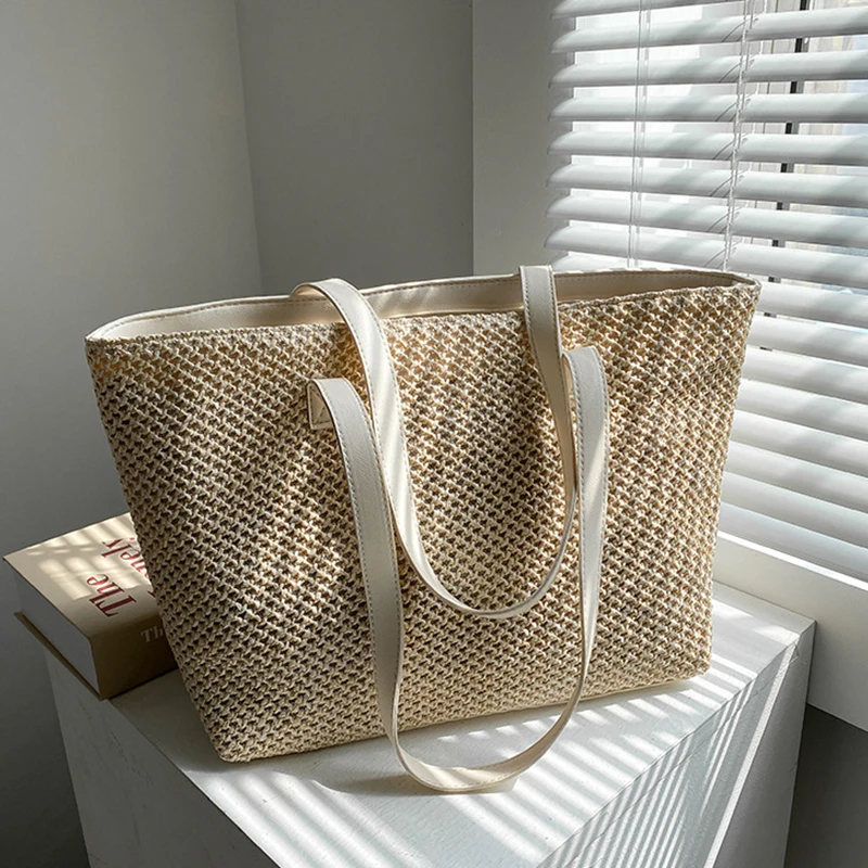 Sommer Stroh Tasche Frauen Große Kapazität Weben Totes Tasche Handgemachte Rattan Strand Tasche Urlaub Dame Stroh Schulter Tasche Beutel