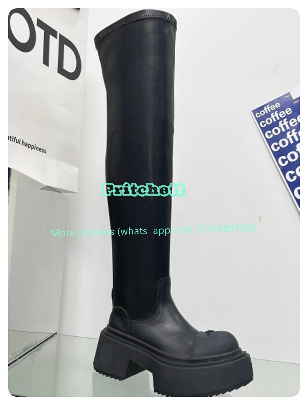 Black Platform Chunky Heels Round Toe Over-knee Boots Women Height Increasing Fashion Boots Side Zipper 2024 New Arrivals Solid