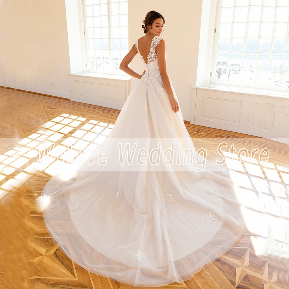 Vintage White Bridal Gown For Woman Cap Sleeve Applique Long Train Glitter Tulle Custom Formal Wedding Dress Robe De Mariee 2024