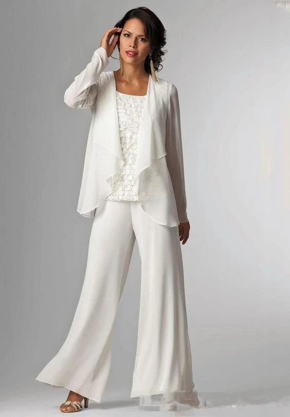 White Chiffon Mother Of Bride Pant Suit For Wedding Long Sleeves Plus Size Formal jumpsuit Evening Occasion Gown customsized