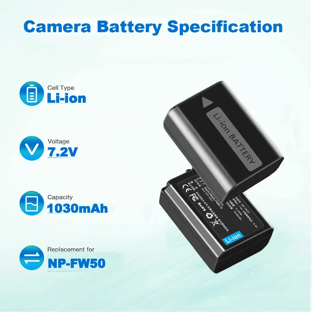 SKOWER NP-FW50 Battery for Sony Camera ZV-E10 7SM2 A7RII A7II A7SII A7S ILCE-5000 6300 6400 A6500 DSC-RX10 NEX-5T 7 Dual Charger