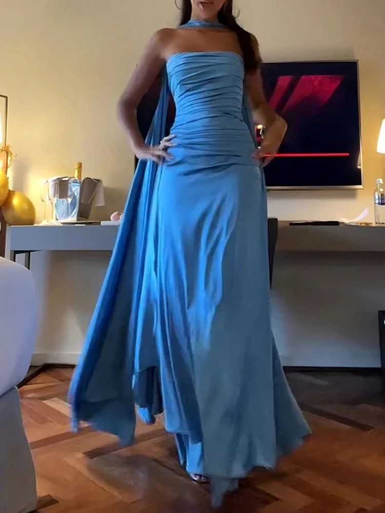 Elegant Strapless Sleeveless Satin Long Dress Sexy Off Shoulder Floating Solid Party Dress Women Fashion Waist Draped Gown Dress