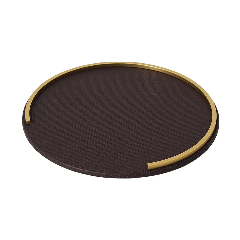 

Modern light luxury round metal leather tray, living room entrance desktop storage decoration