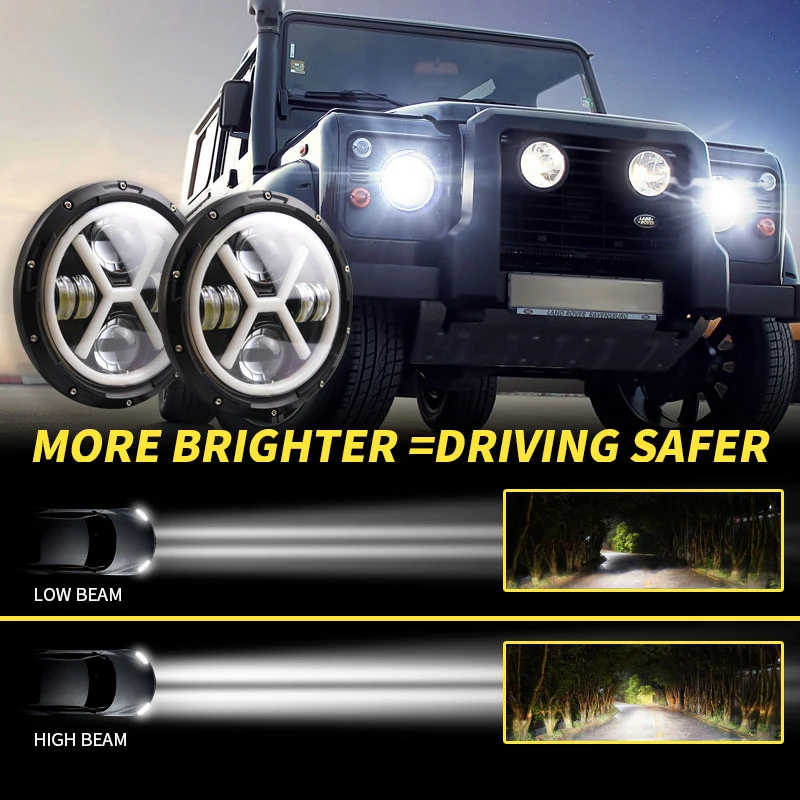 

Reliable-500W 7 Inch Round Angel Eye LED Headlight 30000LM With Hi/Lo DRL Amber Halo Ring For JEEP Wrangler JK TJ LJ