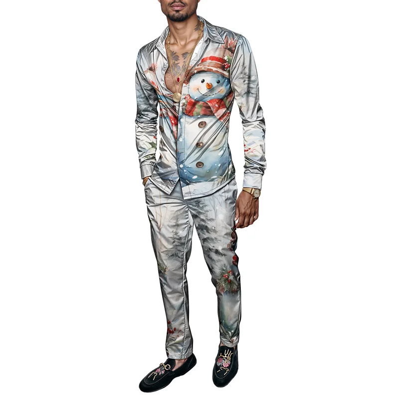 

2025 весна лето мужской комплект рубашек с рождественским принтом модный Ropa Hombre мужской комплект из 2 предметов мужской снегоговик легкий вечерние с длинными рукавами