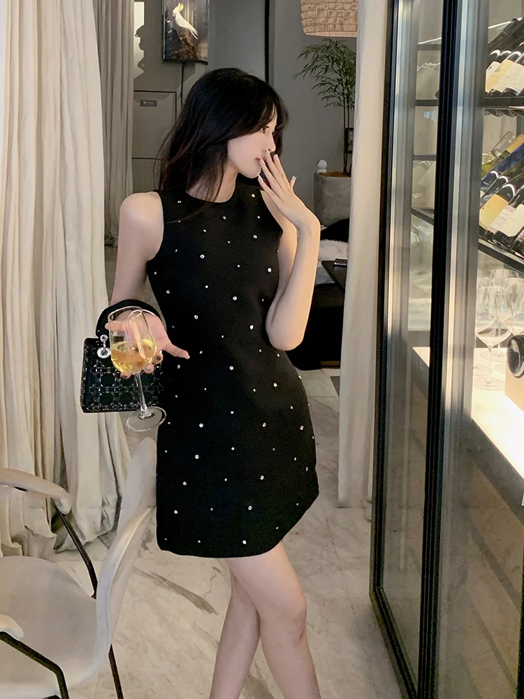 GALCAUR Patchwork Diamonds Dresses For Women Round Neck Sleeveless Off Shoulder Backless Slim Fashion A Line Mini Dress Female