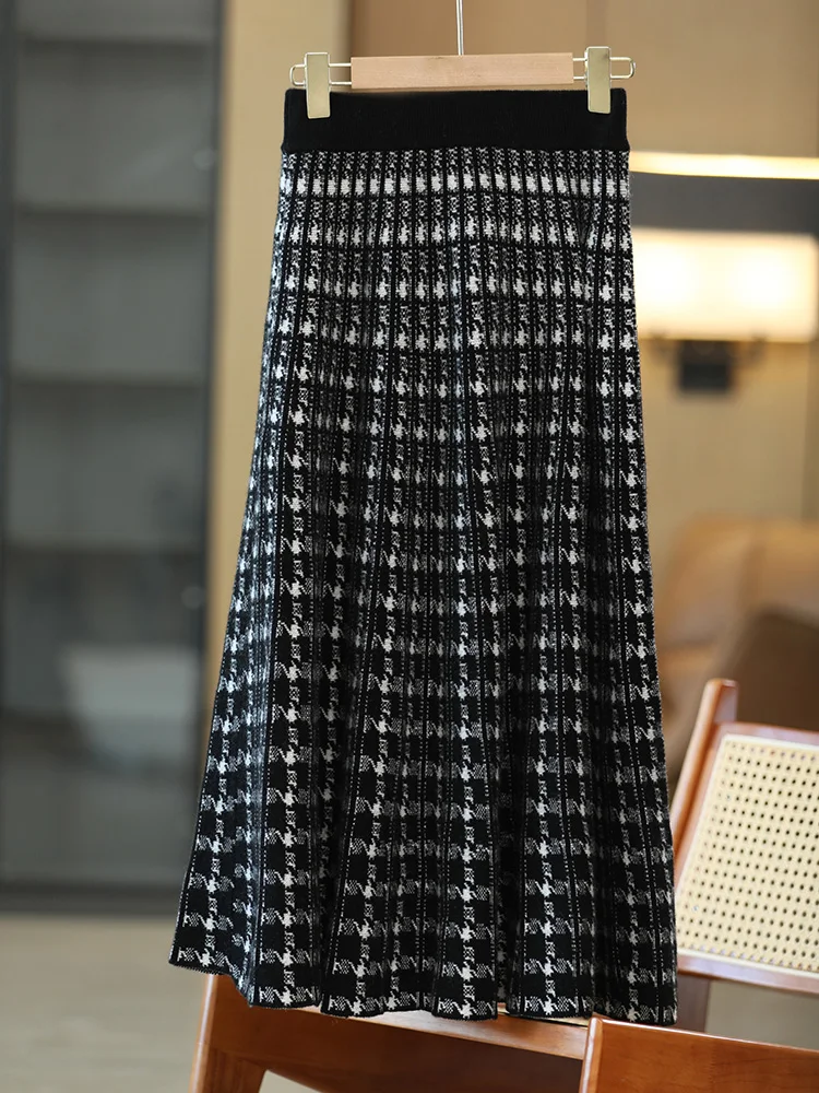 TLOML New Women's 100% Merino Wool Jacquard Patterned Skirt Straight Autumn Winter Cashmere Soft Warm Loose Comfy Chic Skirts