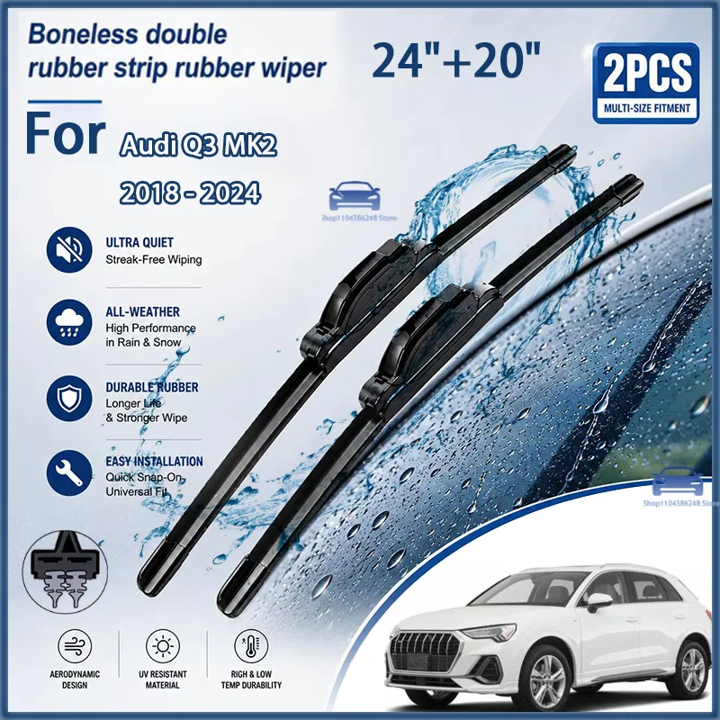 

Front Wiper Blades For Audi Q3 MK2 2018 - 2024 Windshield Windscreen Clean Window Car Rain Brushes 24"+20" Modification Parts