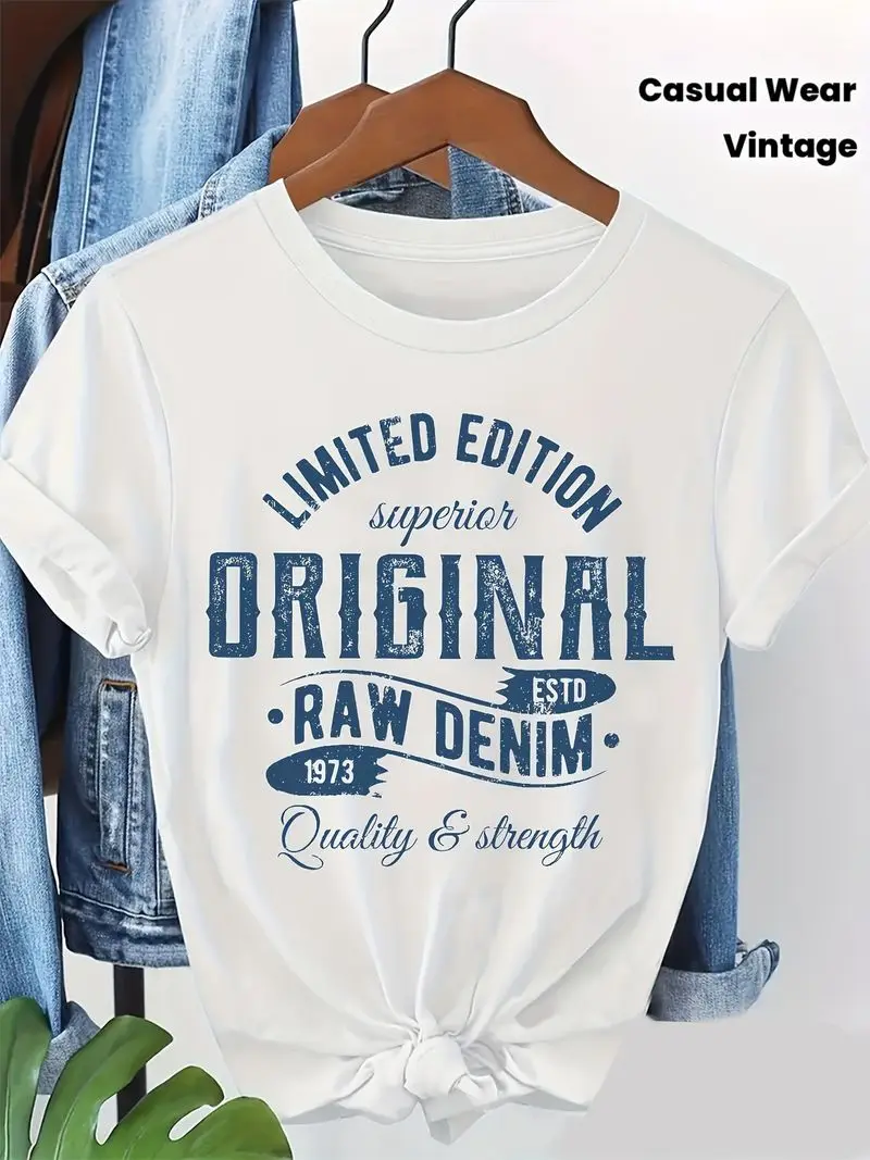 Plus Size Limited Edition Original Raw Denim 1973 Graphic Tee For Curvy Women Vintage Denim T-Shirt With Casual Prints Crewneck
