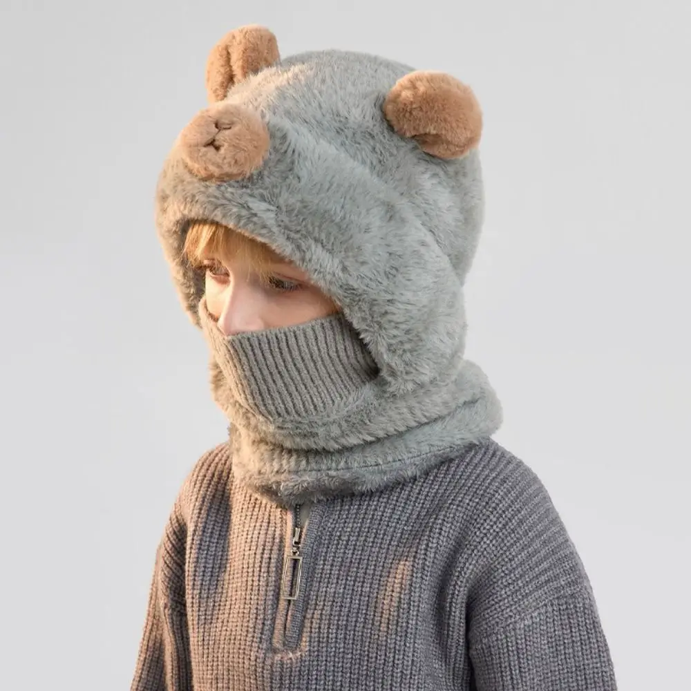 Pullover Cap Children's Balaclava Hat Windproof Integrated Ear Protection Neck Scarf Thick Warm Bear Hat Children Use