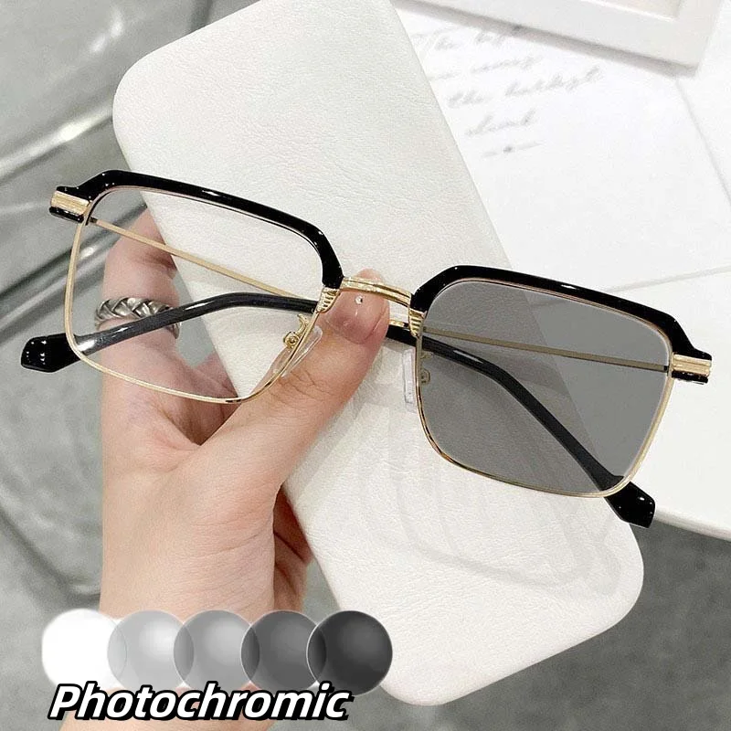 

Blue Light Blocking Half Frame Photochromic Reading Glasses High Definition Color Changing Eyewear Men's Far Sight Eyeglasses