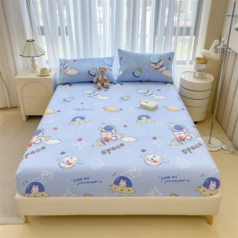 Cute Astronaut Fitted Sheet with 2 Pillowcase Twin for Kids Boys Cotton Cartoon Rocket Universe Planet Star Blue Bed Sheet Set