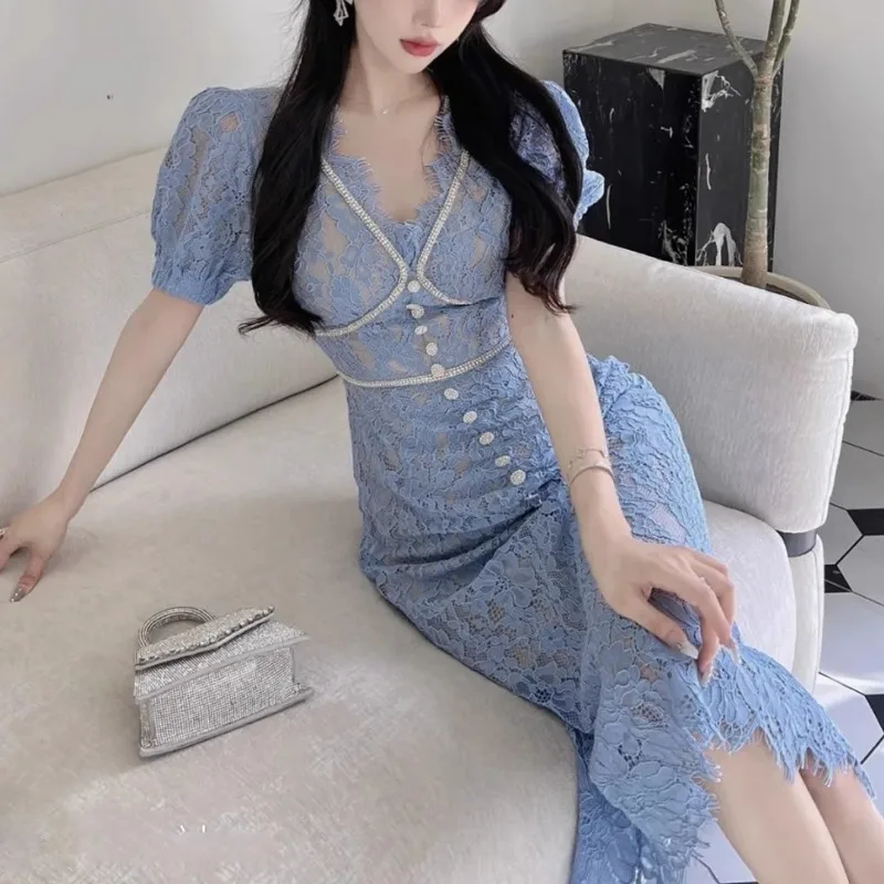 Vintage Diamonds Button Blue Lace Dress Women Summer V-neck Runway Design Evening Dresses White Elegant Streetwear Clothing