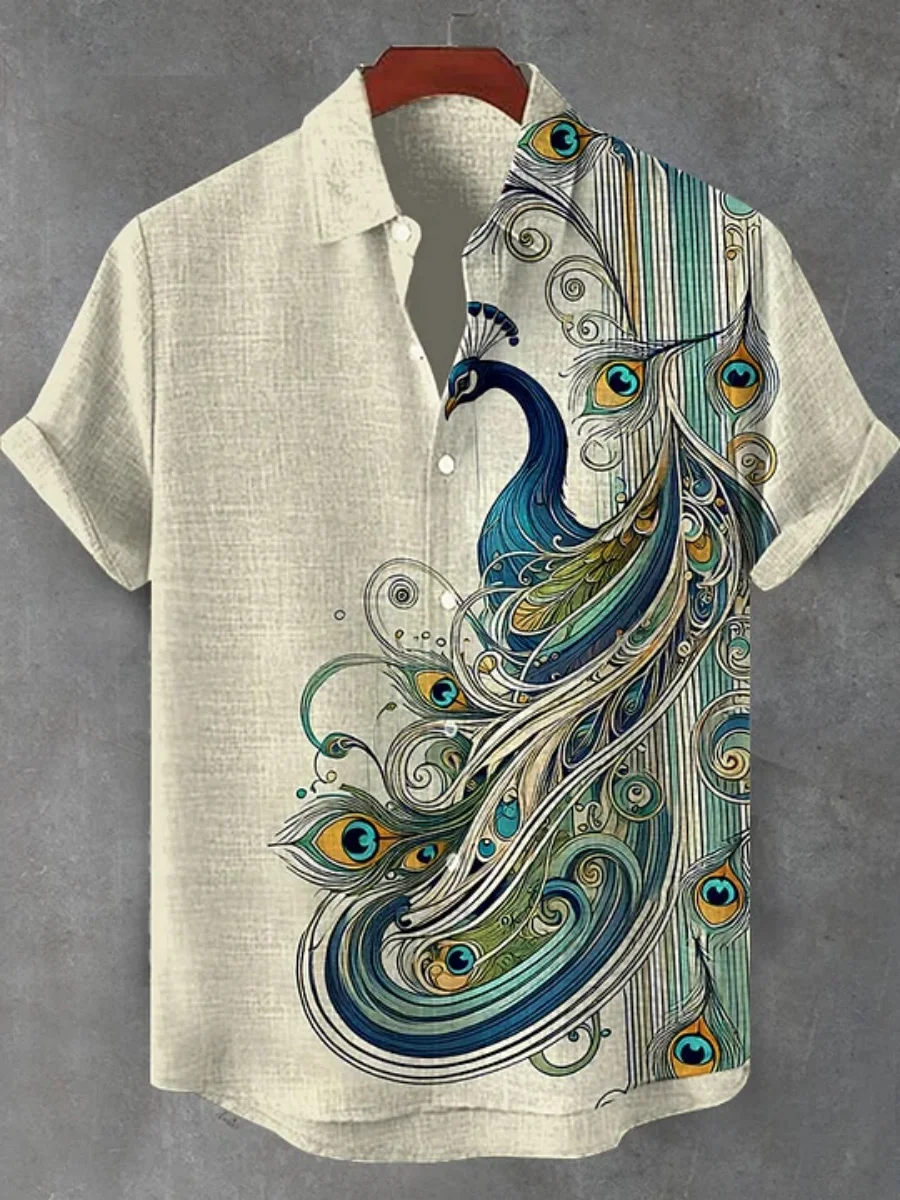 

2026 Summer New Peacock Print Short Sleeve Shirt Men's Casual Loose Breathable Hawaiian Shirt Resort Style Trendy Men's Top
