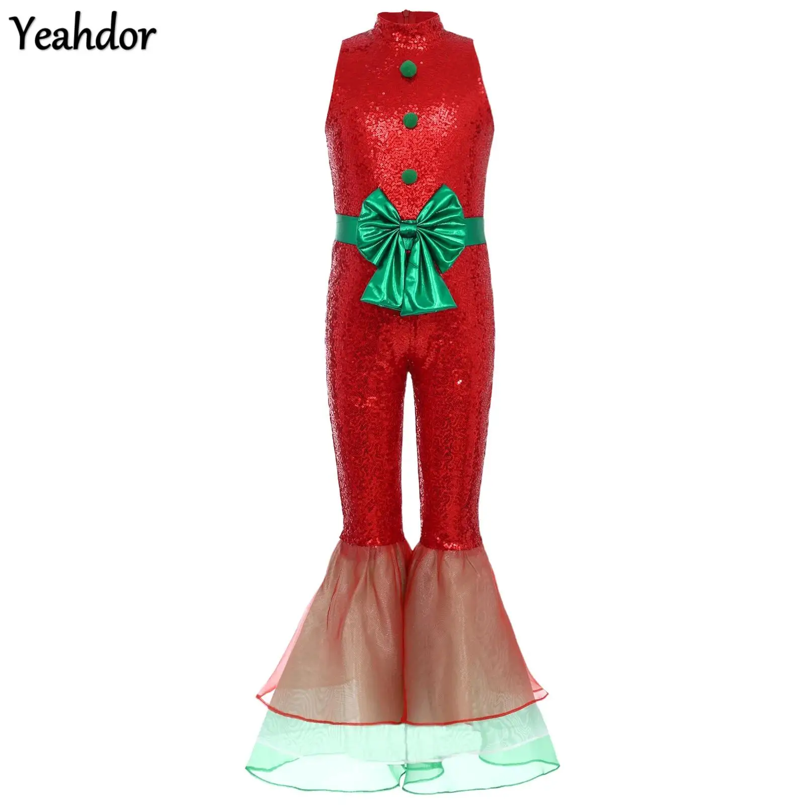 الفتيات عيد الميلاد الترتر الرقص بذلة كاندي قصب Unitard أكمام المخملية متوهج الجاز ارتداءها عيد الميلاد حزب سانتا كلوز زي #1
