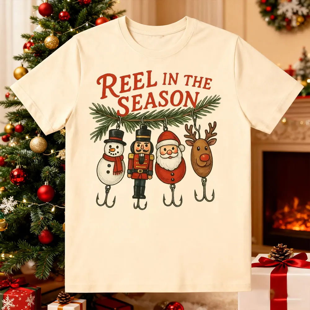 REEL IN THE SEASON Camisa de pesca navideña divertido pescador sublimado mujeres hombres algodón Tww Tops Y2k Top camisetas gráficas