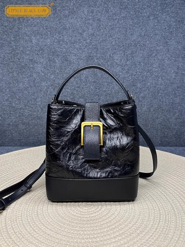 

Designer New Women Genuine Leather Messenger Bags Fashion Solid Color Bucket Bag Office Lady Tote Single Shoulder Crossbody Bags