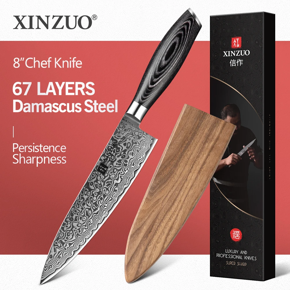 XINZUO 8\'\' inches Chef Knife Gyutou Knife Japanese VG10 Damascus Kitchen Knives Stainless Steel Butcher Knife Pakka wood Handle