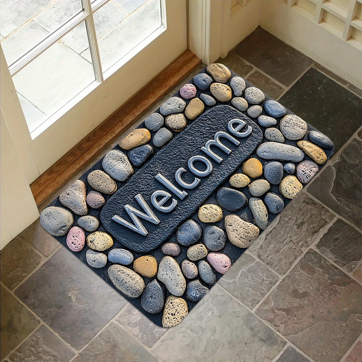 

Welcome Small Stone Pattern Carpet Flannel Non-slip Bathroom accessories for Living Room Doormat Entrance Foot mat Home Decorate