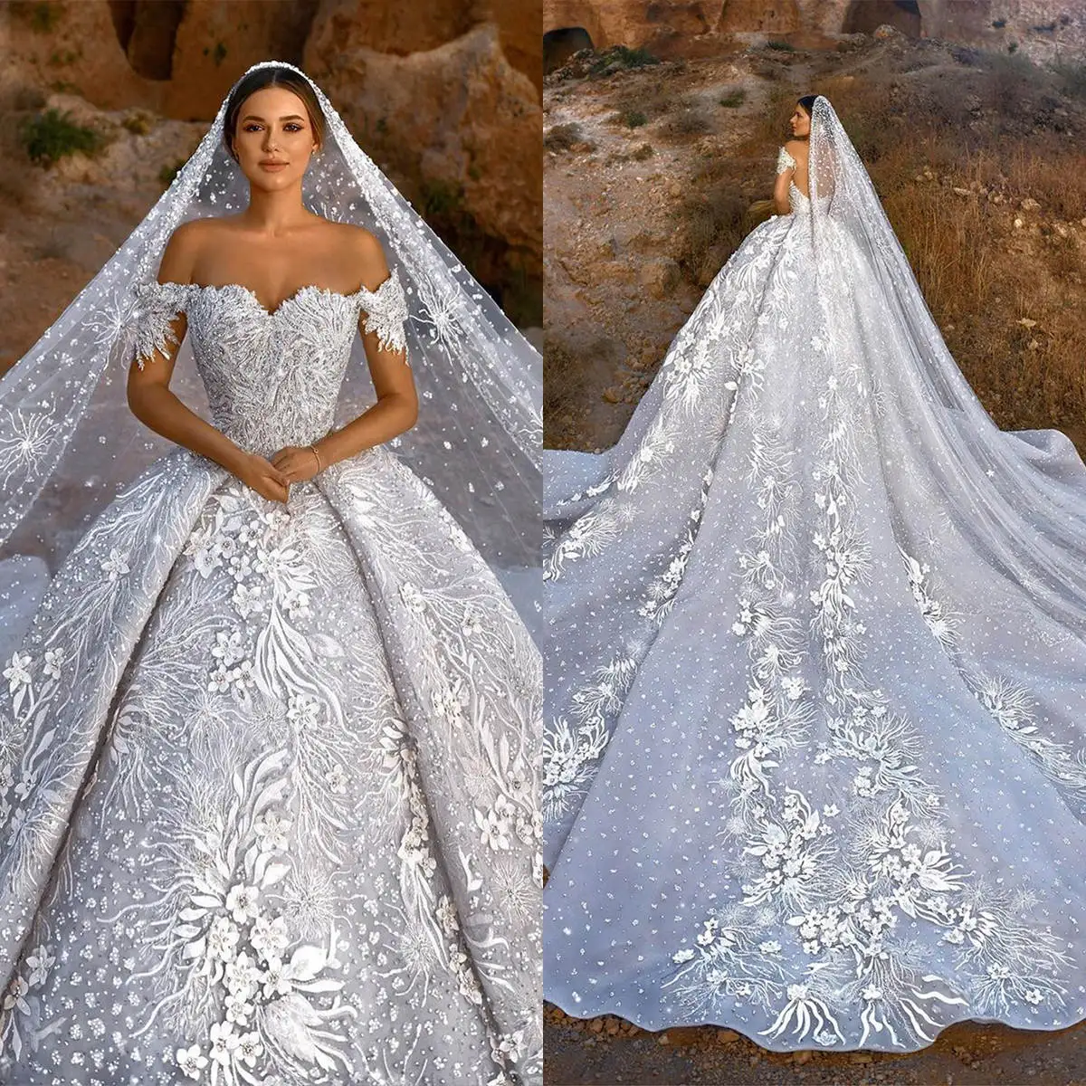 Sparkling Ball Gown Wedding Dresses With Veil Appliques Sequins Lace Bridal Gown Cathedral Train Vestidos De Novia Customized