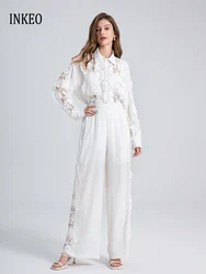 Luxury Women White Lace 2 Piece set 2025 Spring Fashion Hollow out shirt Lace embroidery blouse And High waist pants INKEO 4T245