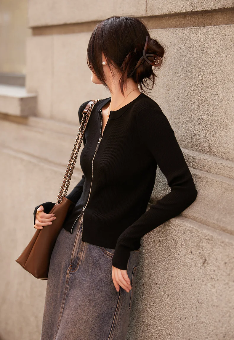 Women's Cardigan Spring/Autumn Solid Wool Sweater Casual Knitwear Slim Fit Ladies Tops Round Neck Jacket Tops Basics Blouse