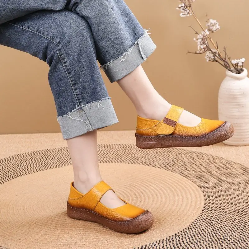 أصيلة جلد البقر الأصفر المرأة الشقق الصيف ماري جين أحذية لينة Strappy متعطل اليومية عارضة أحذية السيدات تنفس