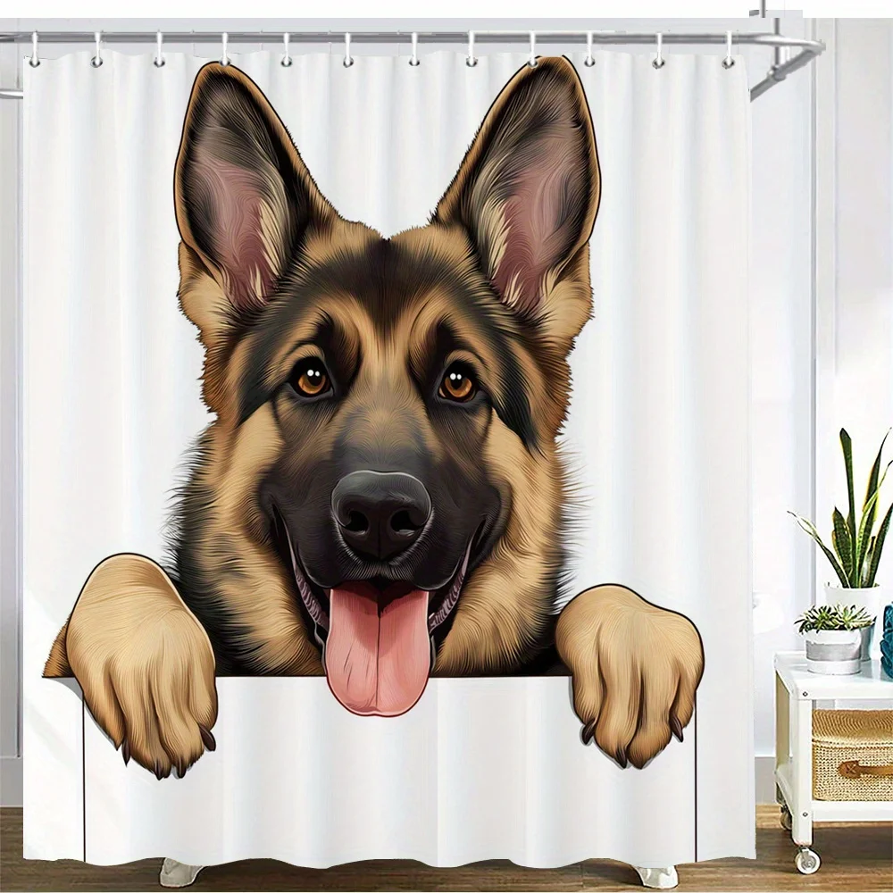 

Занавеска для душа с иллюстрацией немецкой овчарки – поза с выставленным языком и лапами на белом фоне, 12 крючков, водонепроницаемый декор для ванной комнаты