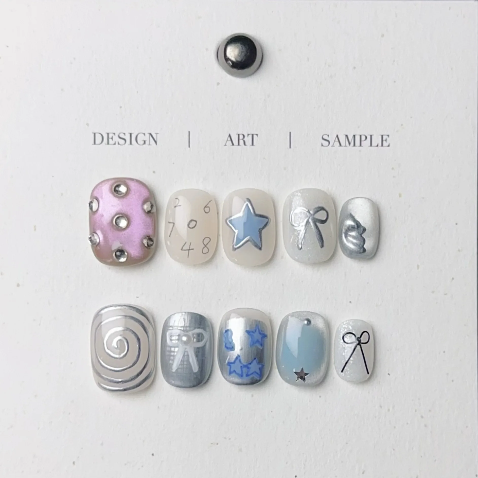 

10PCS Handmade Nails French Silver Star Press on Nails Short Oval Blue Cat Eye with 3D Heart Stripe Design Sweet Cool False Nail