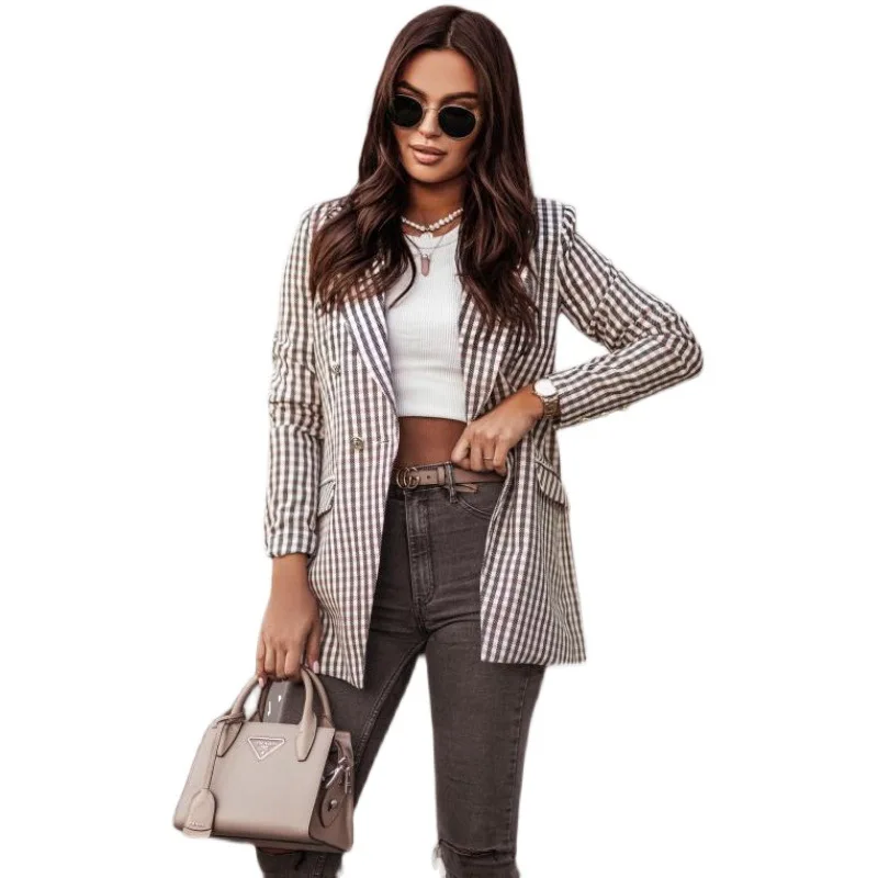 

New Plaid Faion Small Sweet Sle Pure Linen Material Women's Suit for Office Long Sve Midi Length Double Breasted